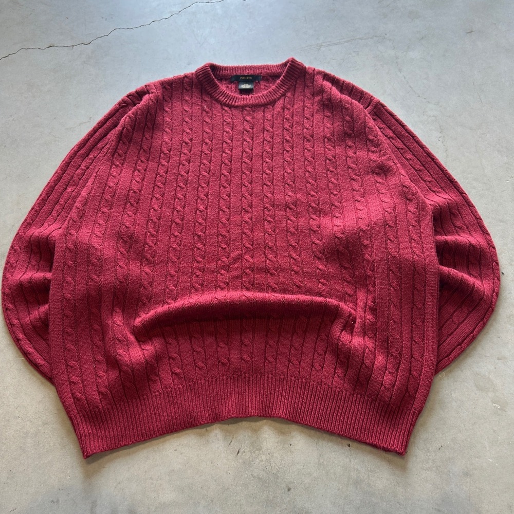 Fenzia Mens 2XL Red Cable Knit Sweater Crewneck Burgundy Acrylic j239